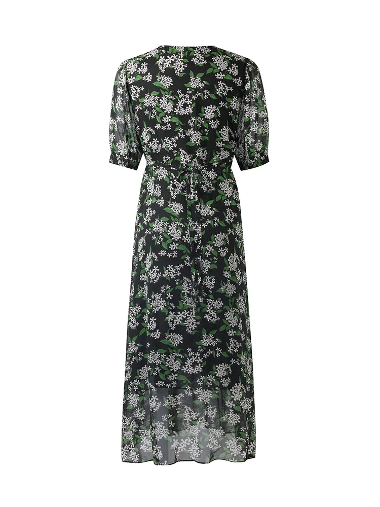 10 Momme Mulberry Silk Floral Printed Women Midi Dress