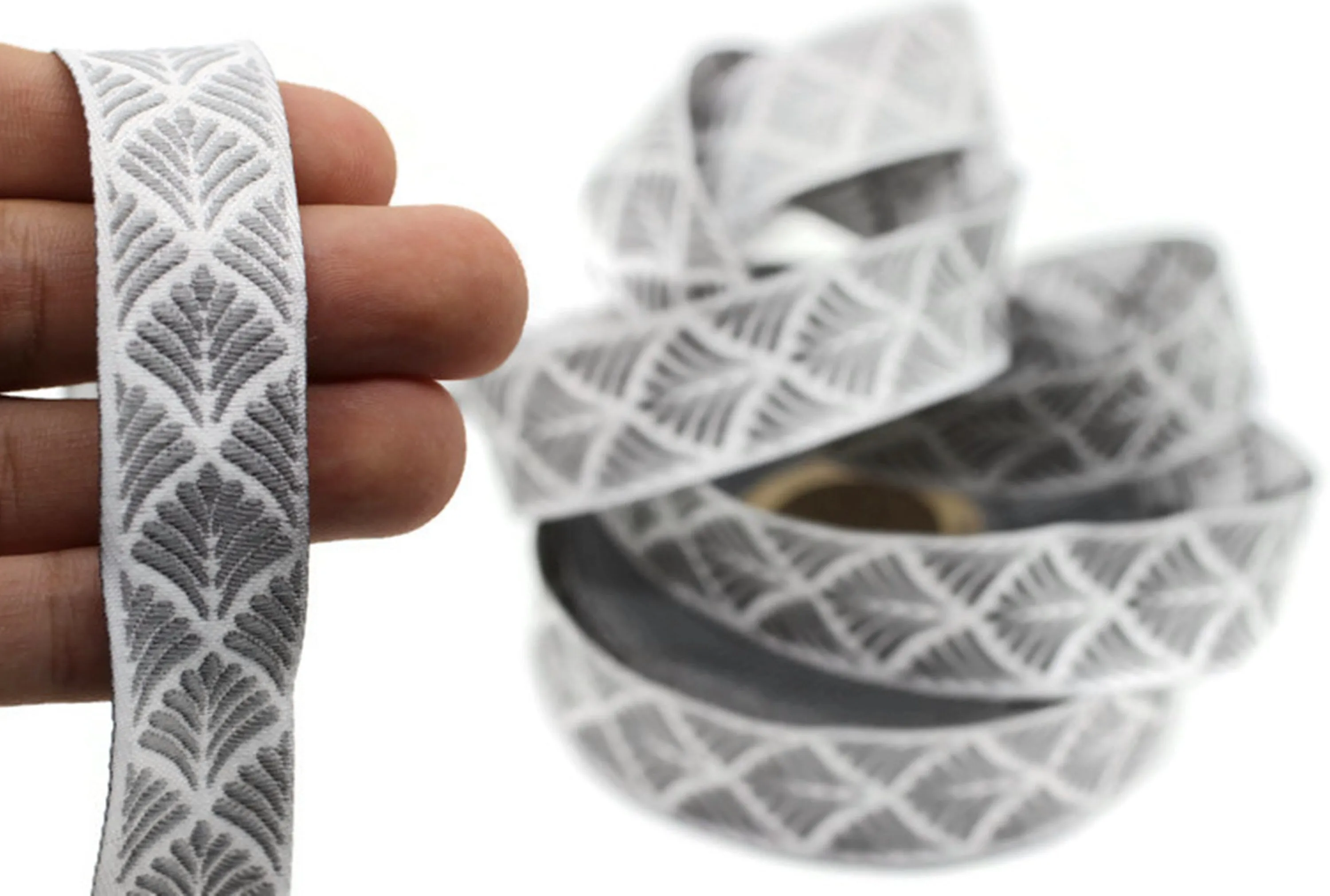 20 mm Gray Seashell 0.78 (inch) | SeaShell Ribbon | Embroidered Woven Seashell Ribbon | Jacquard Ribbon | 20 mm Wide | 20273