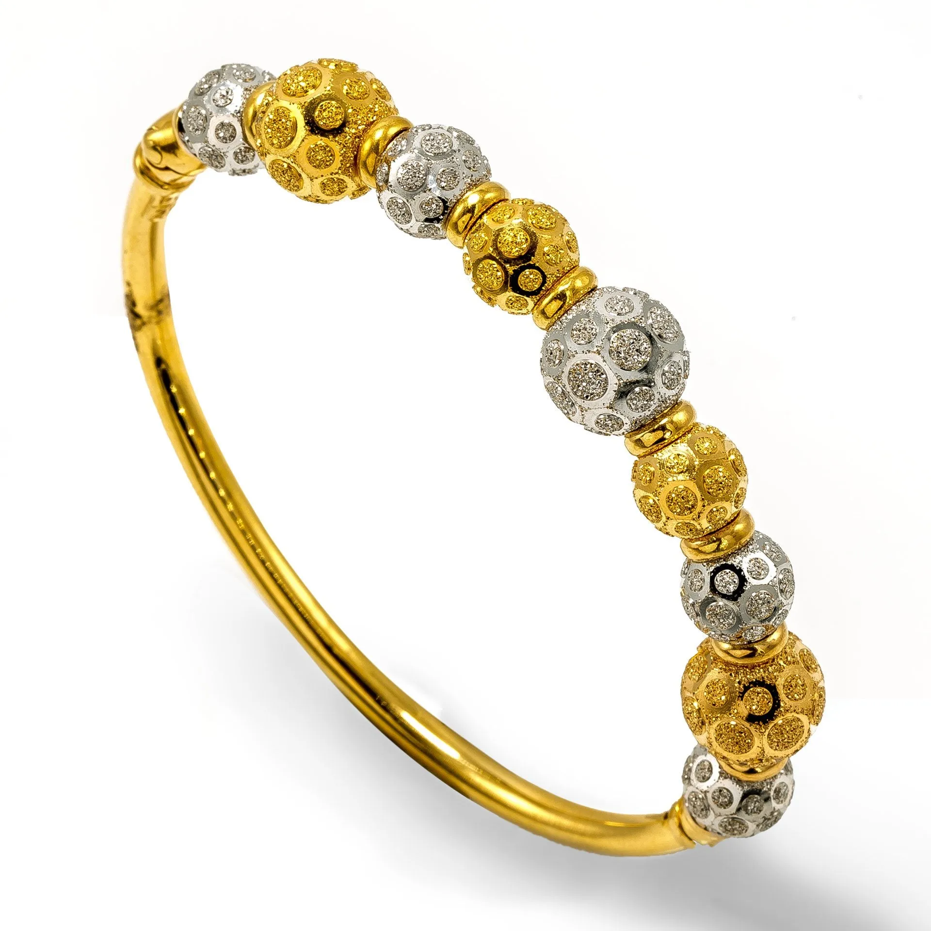 22K Multi Tone Gold Bangle W/ Yellow & White Gold Circular Glass Blast Details on 9 Ball Accents