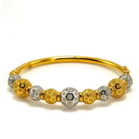 22K Multi Tone Gold Bangle W/ Yellow & White Gold Circular Glass Blast Details on 9 Ball Accents