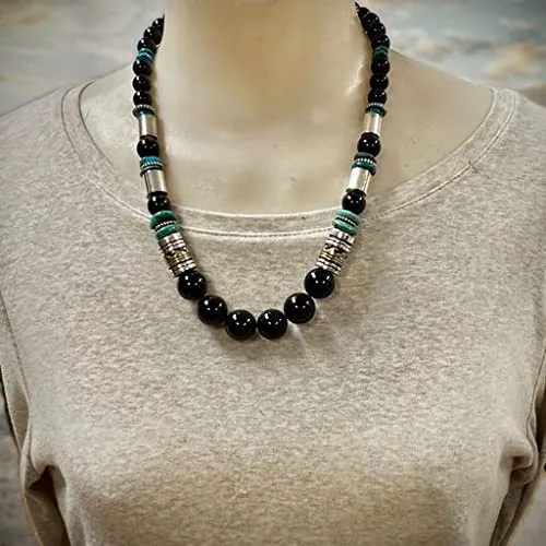 25 inch, Genuine Onyx Statement Necklace, Authentic Navajo Native American USA Handmade in New Mexico, Sterling Silver