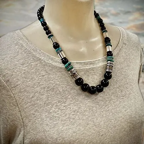 25 inch, Genuine Onyx Statement Necklace, Authentic Navajo Native American USA Handmade in New Mexico, Sterling Silver