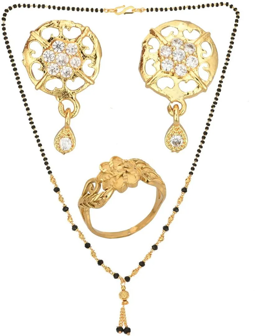 AanyaCentric Gold-plated Jewelry Combo: Elegant Short Mangalsutra, Finger Ring, and American Diamond Earrings Set