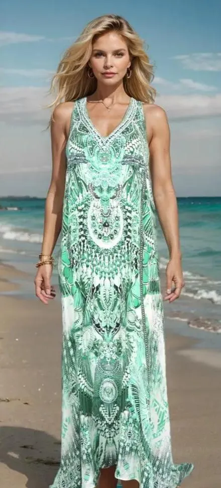 Amara Green long silk Embellished racerback maxi dress by Fashion Spectrum