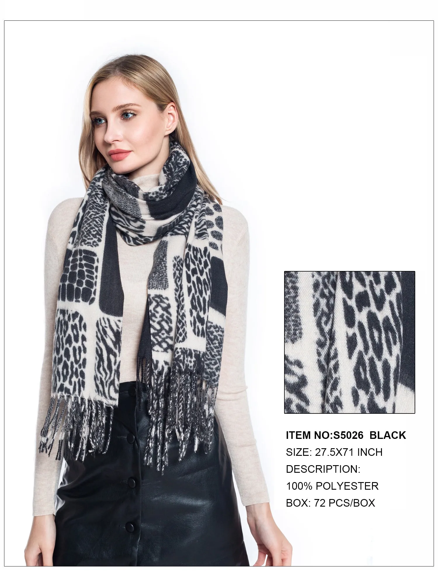 Animal Print Fringe Trim Scarf-Black