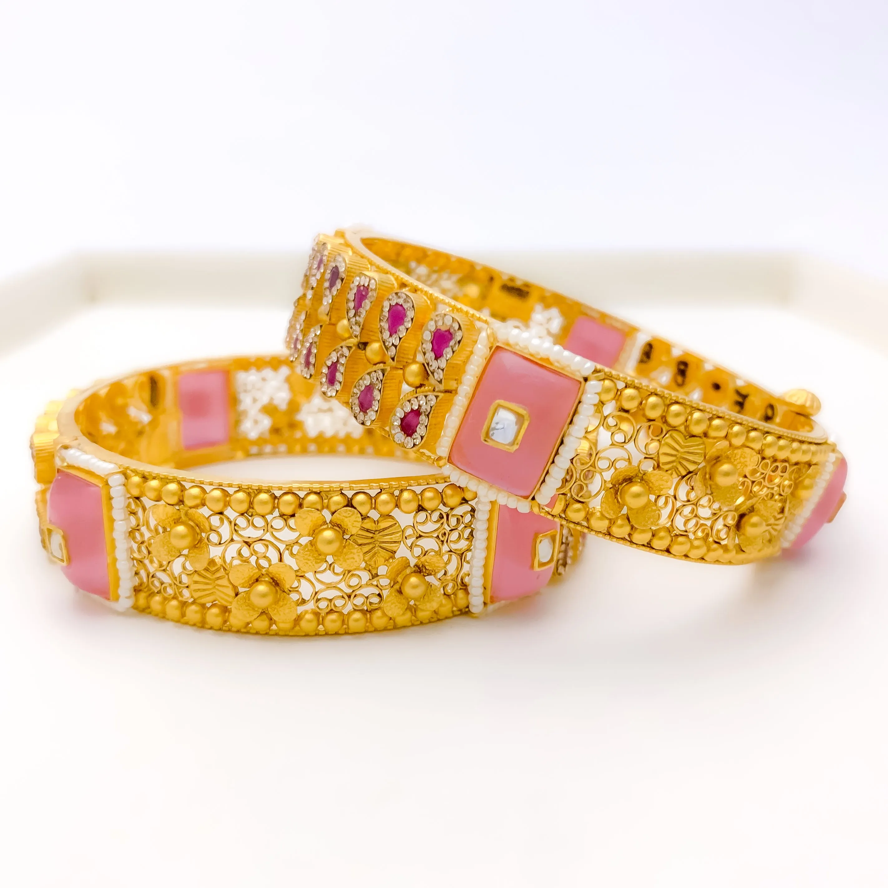 Antique Oxidized Pink Floral 22k Gold Bangles