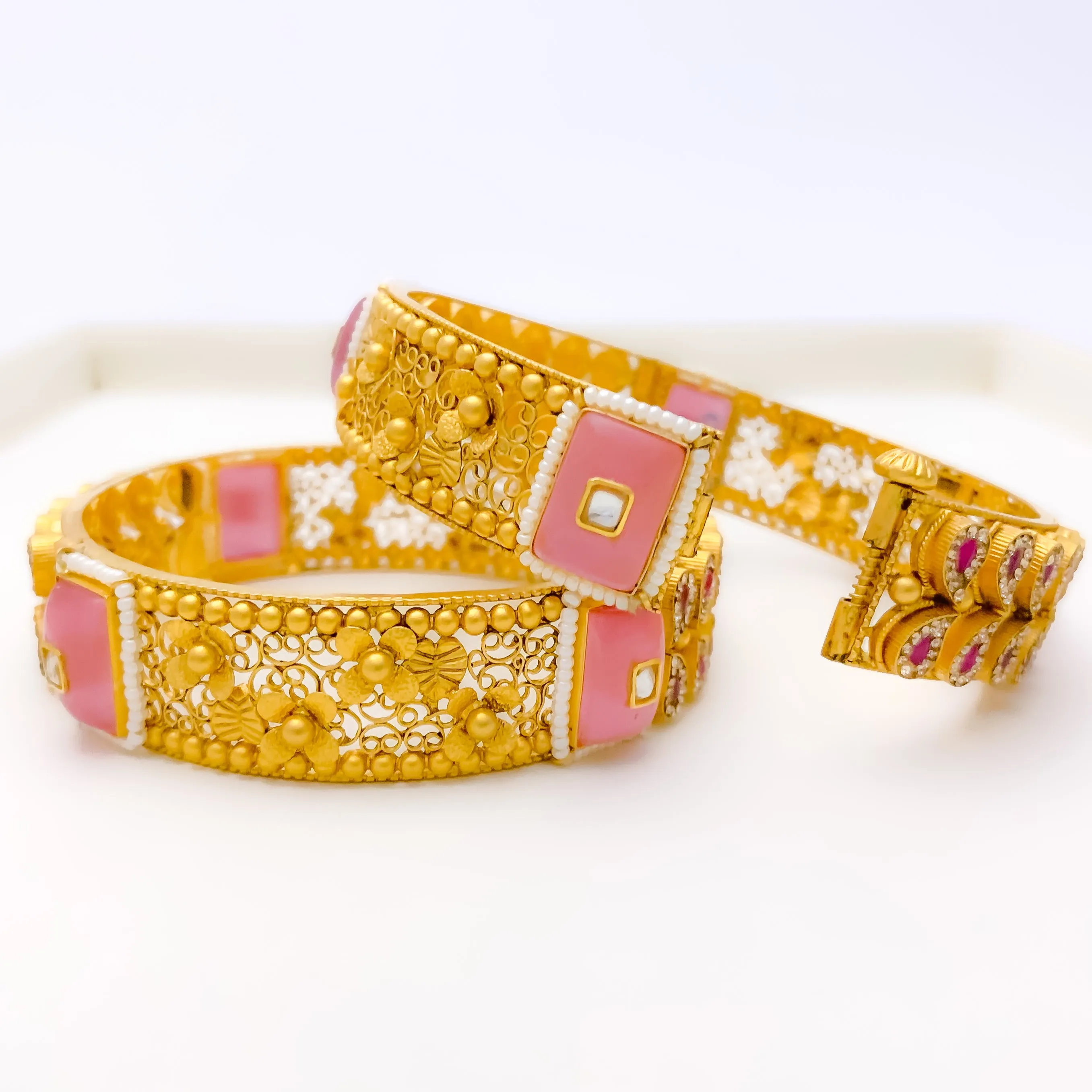 Antique Oxidized Pink Floral 22k Gold Bangles