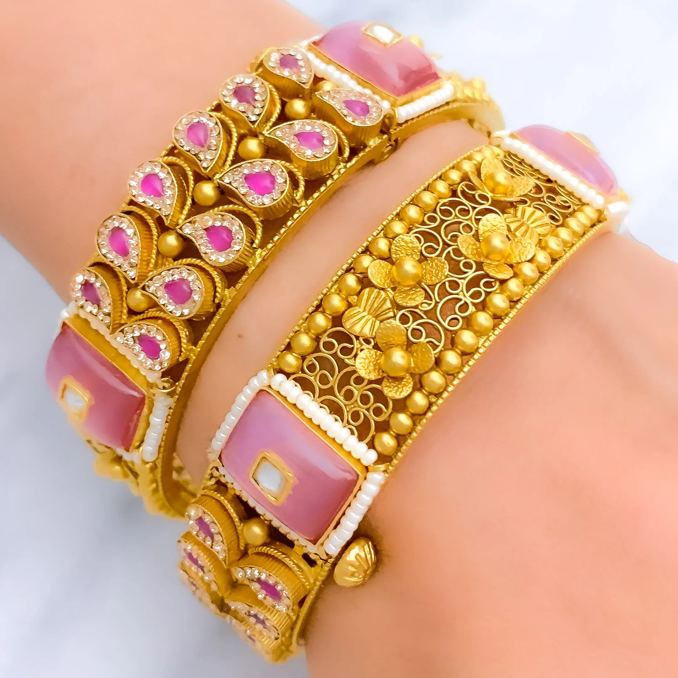 Antique Oxidized Pink Floral 22k Gold Bangles