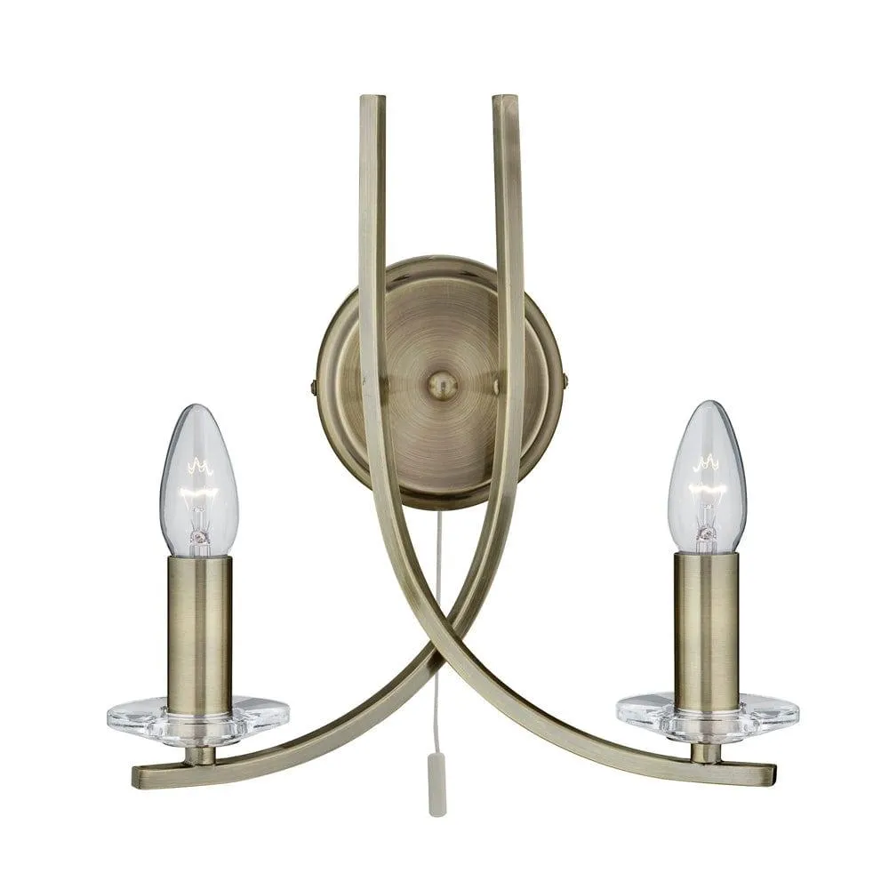 Ascona 2 Light Antique Brass Wall Light - Clear Glass Sconces