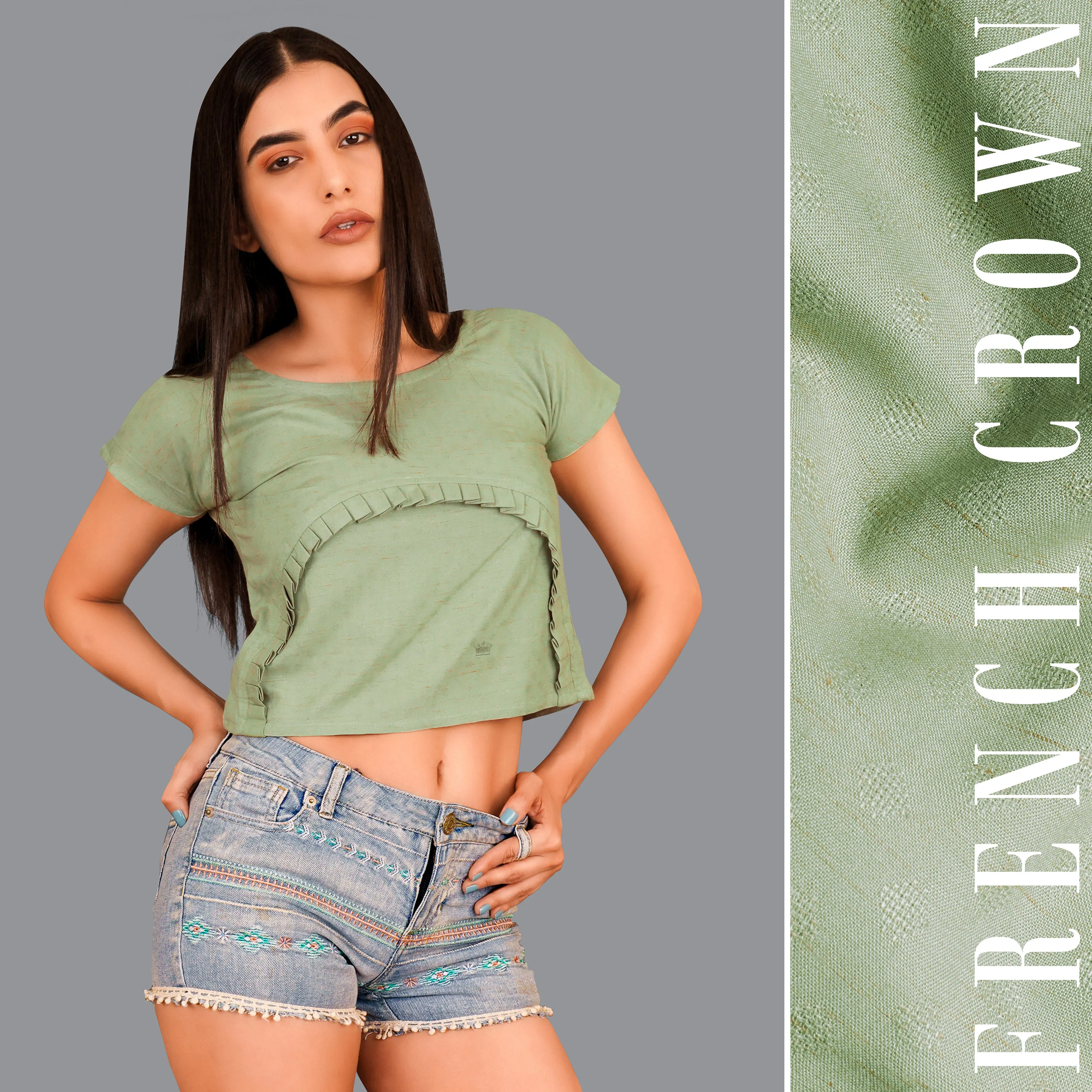 Asparagus Green Pleated Premium Cotton Crop Top