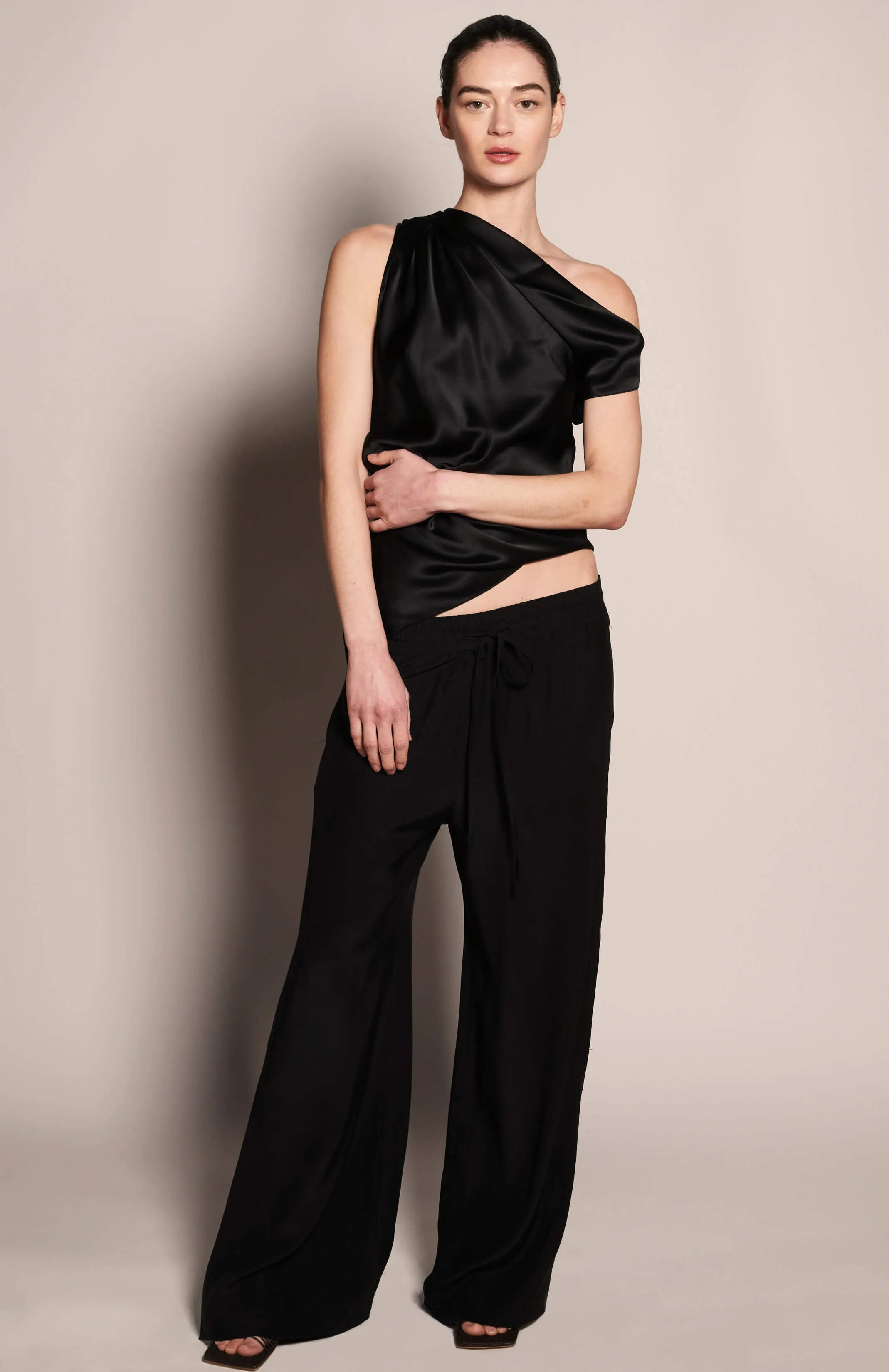 Asymmetric Draped Shoulder Top - Black