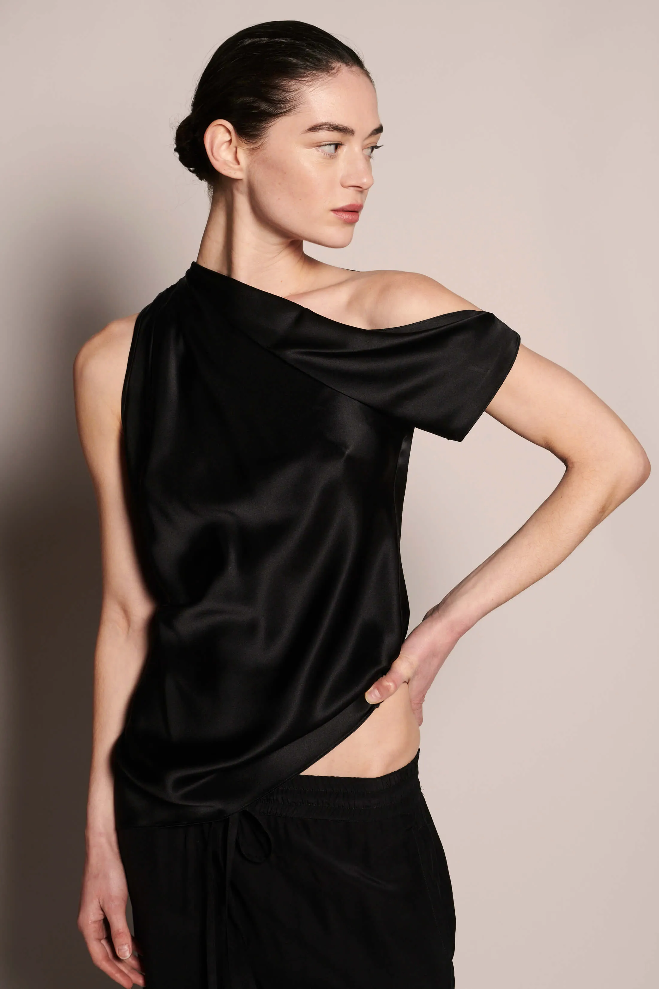 Asymmetric Draped Shoulder Top - Black