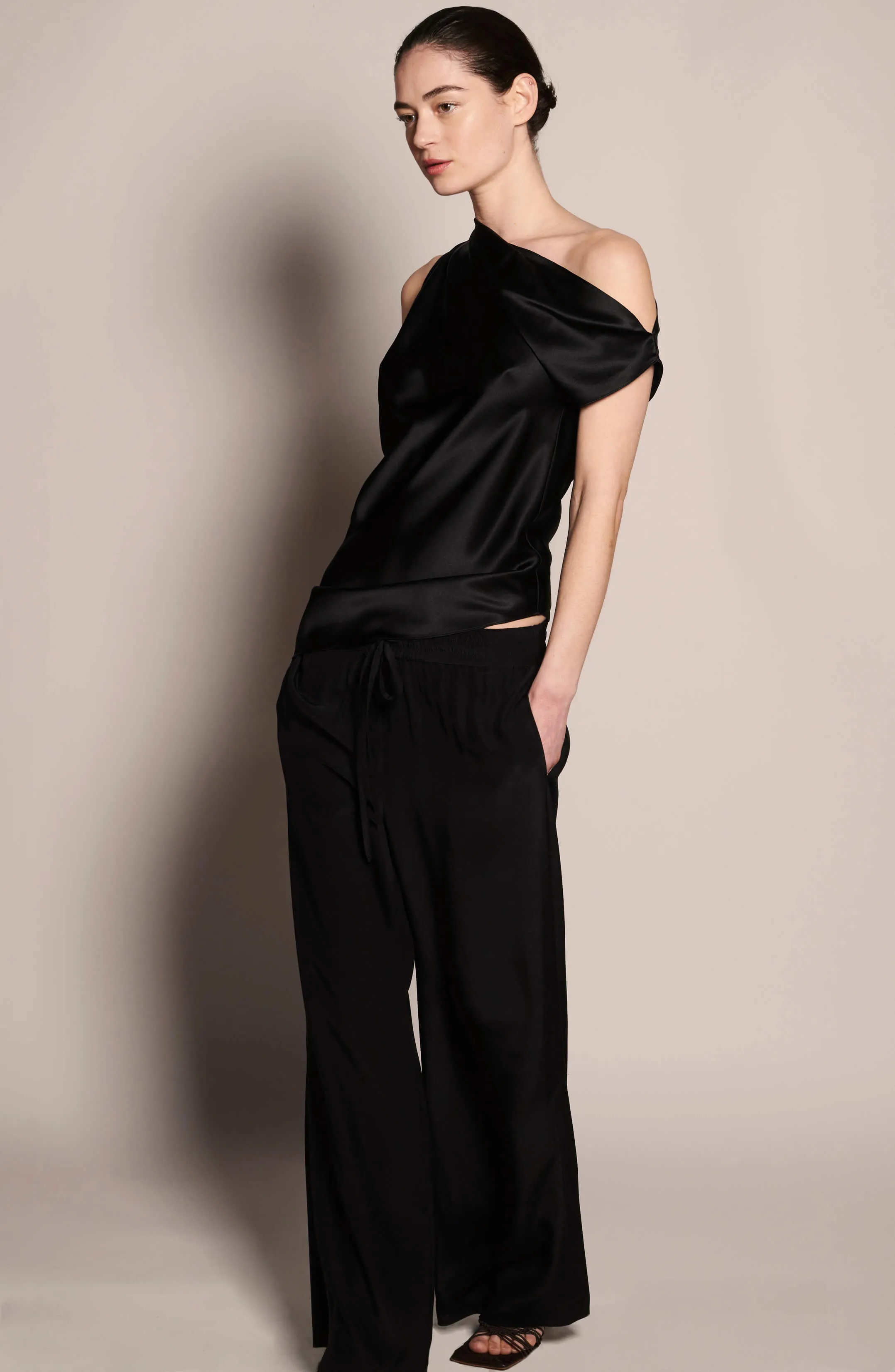 Asymmetric Draped Shoulder Top - Black