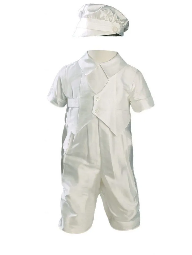 Baby Boys Off White Short Sleeves Silk Dupioni Hat Christening Outfit 0-12M