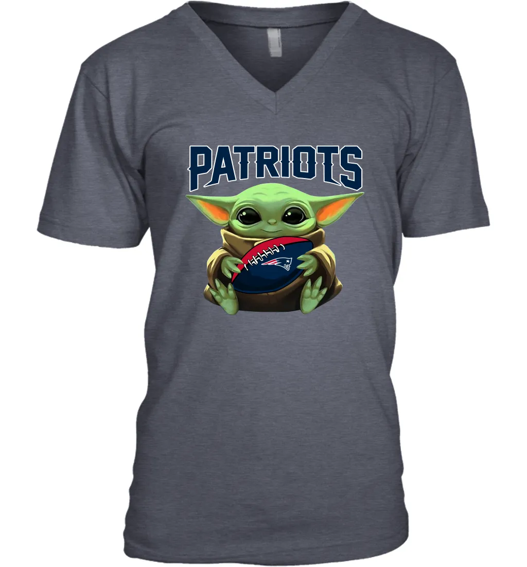 Baby Yoda Loves The New England Patriots Star Wars Baby Yoda Hugs Patriots NFL Mens V-Neck T-Shirt