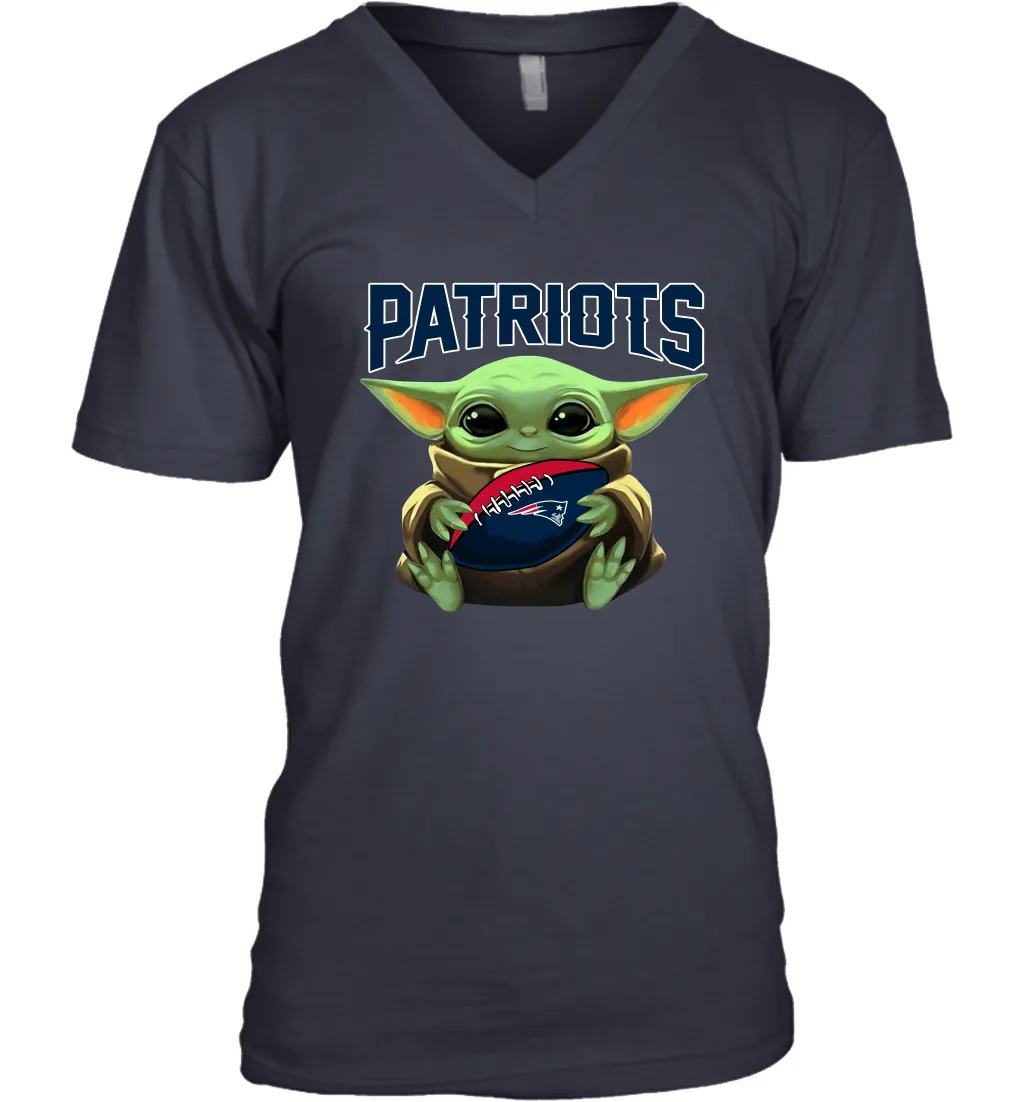 Baby Yoda Loves The New England Patriots Star Wars Baby Yoda Hugs Patriots NFL Mens V-Neck T-Shirt