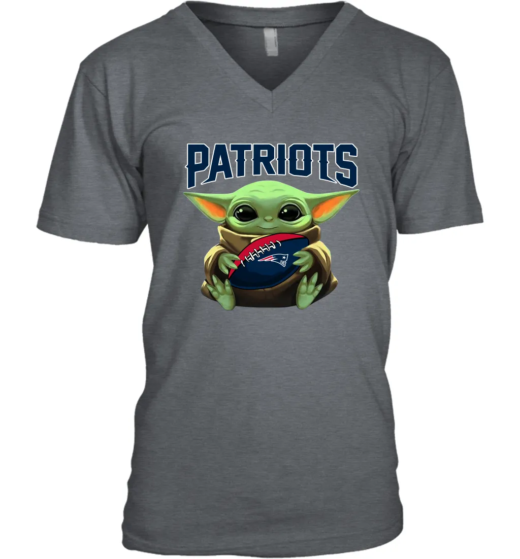 Baby Yoda Loves The New England Patriots Star Wars Baby Yoda Hugs Patriots NFL Mens V-Neck T-Shirt