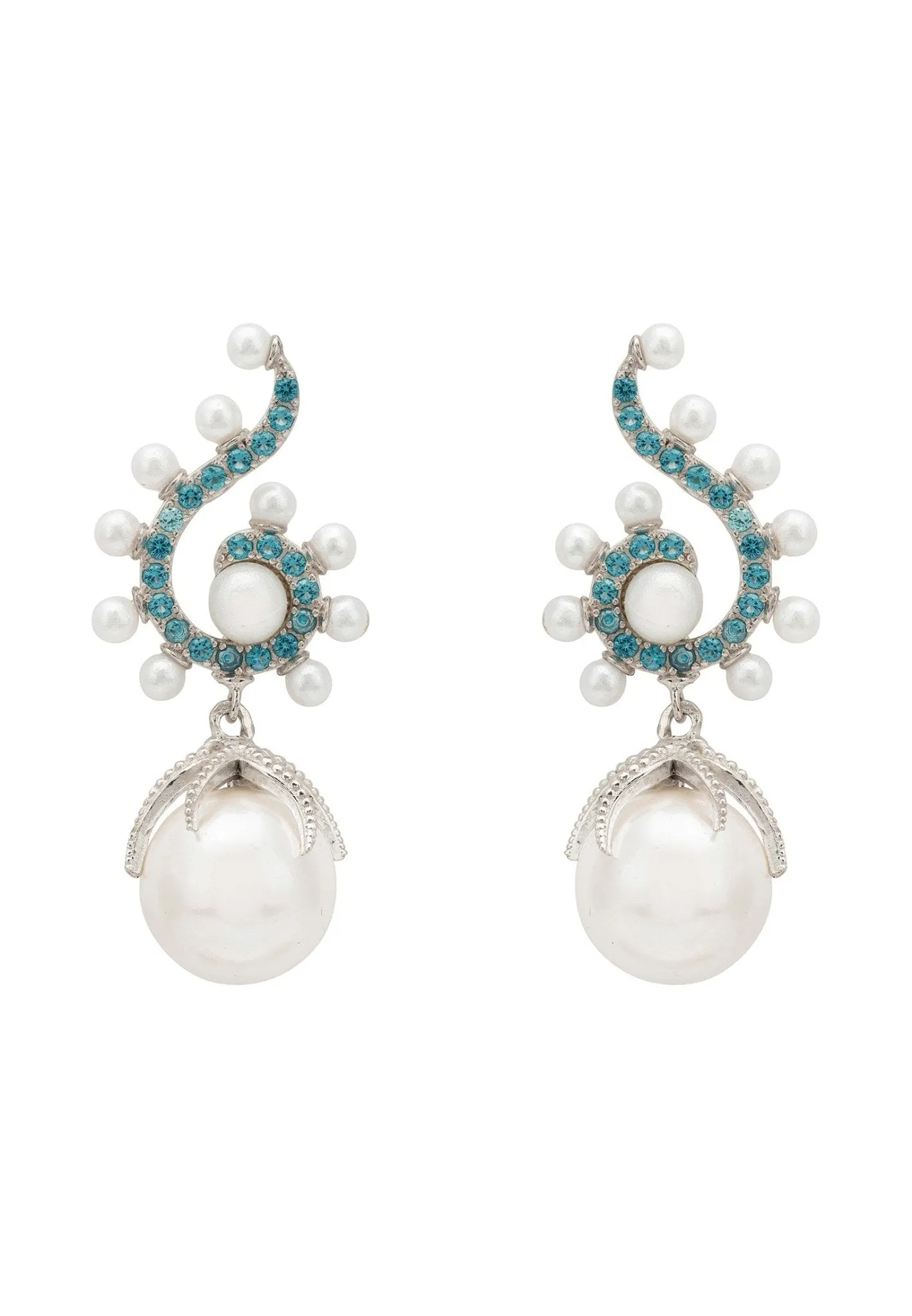 Baroque Pearl Poseidon Gemstone Drop Earrings Aqua Silver