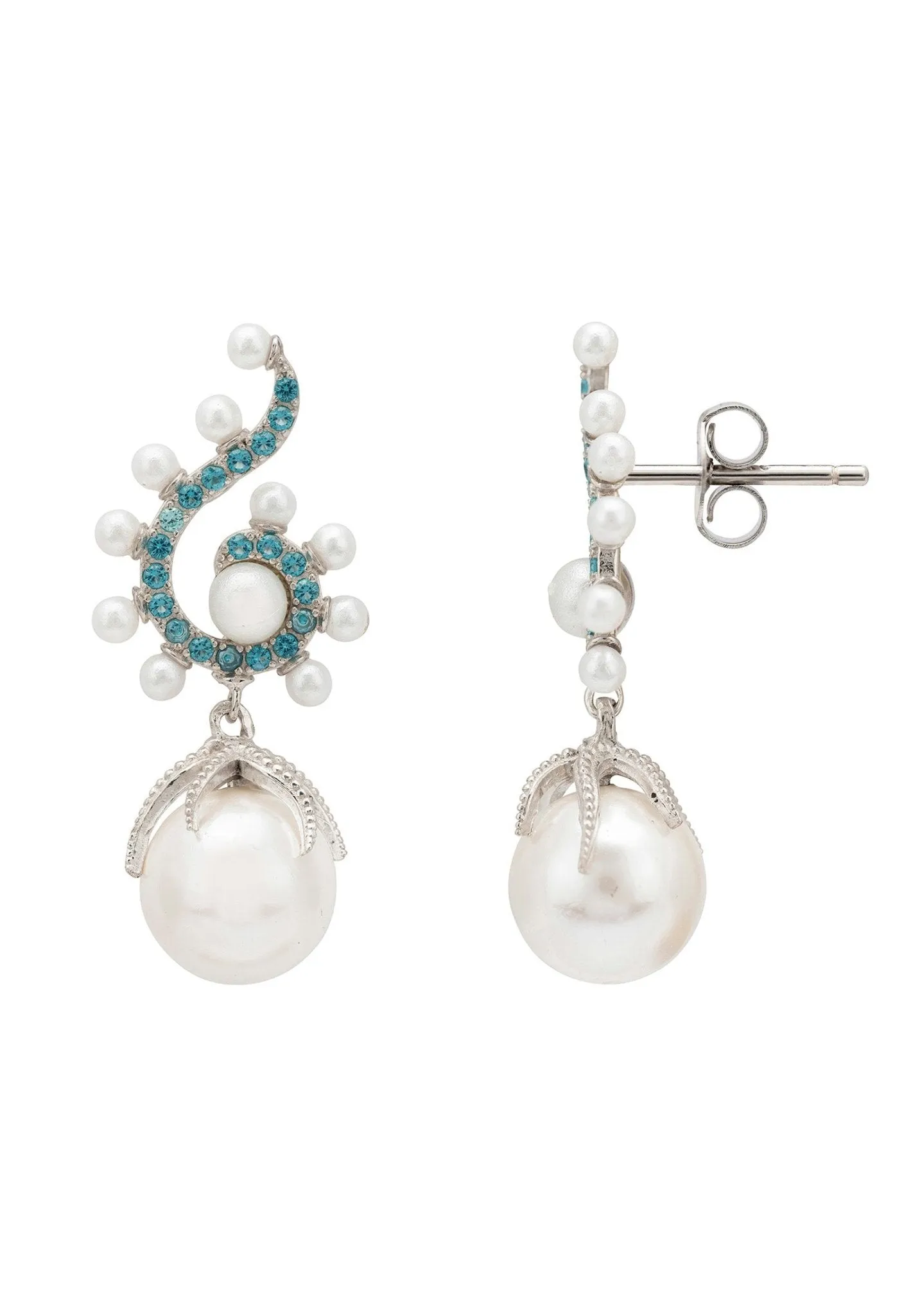 Baroque Pearl Poseidon Gemstone Drop Earrings Aqua Silver