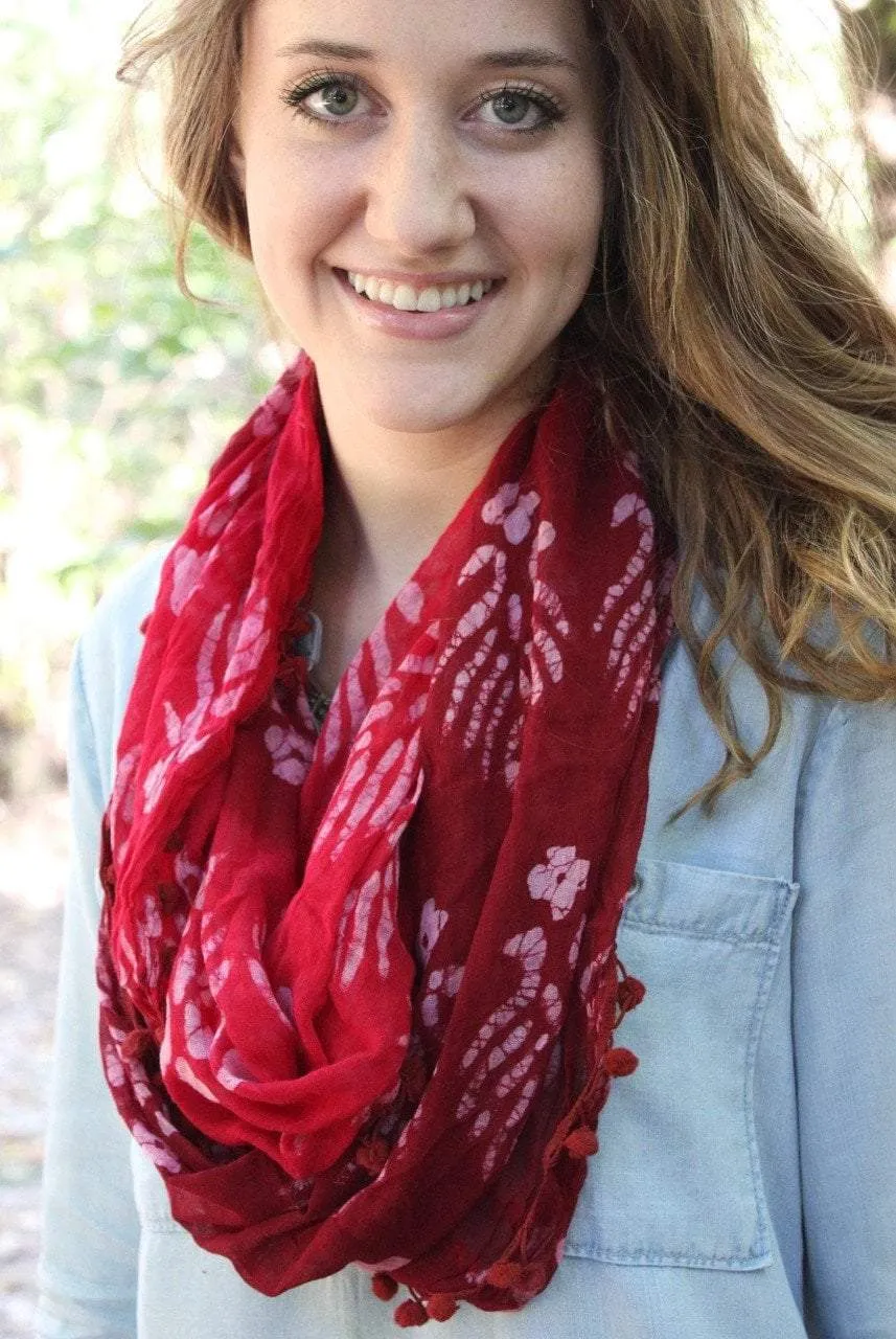 Batik Pom Infinity Scarf in Red