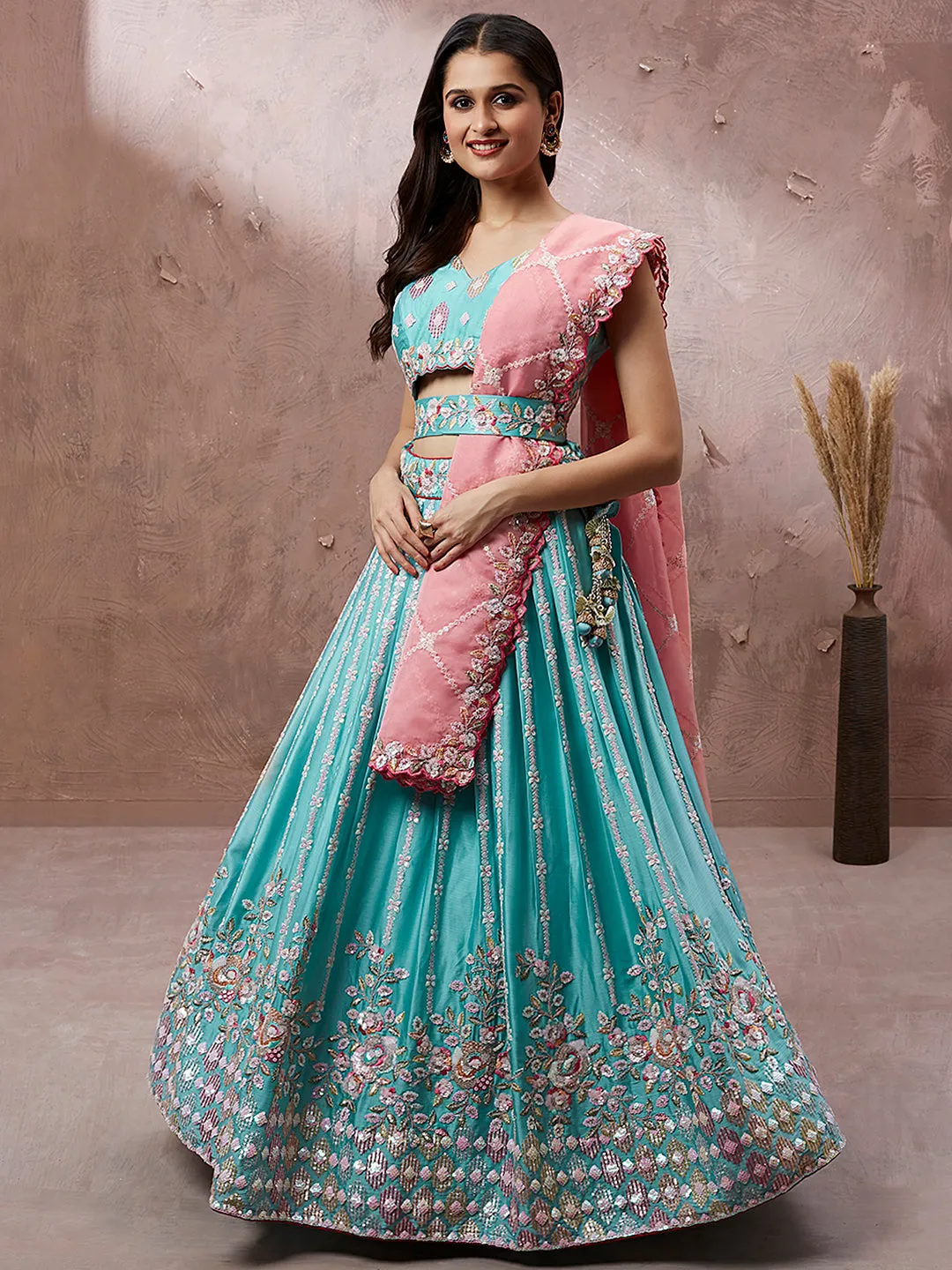 BEAUTIFUL MULTICOLOUR DESIGNER LEHENGA CHOLI SET - RENT