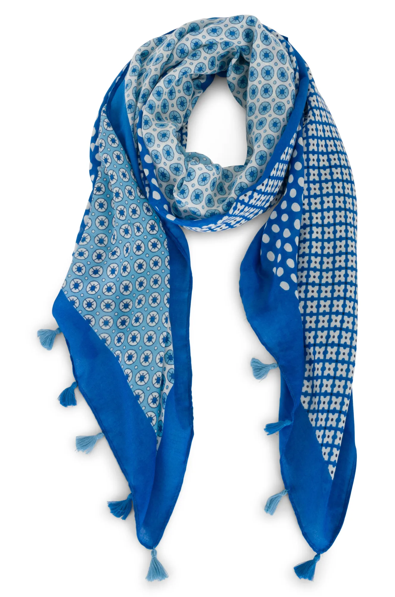 Blue print Scarf with tassels | MARINE/WHITE | 0523YY