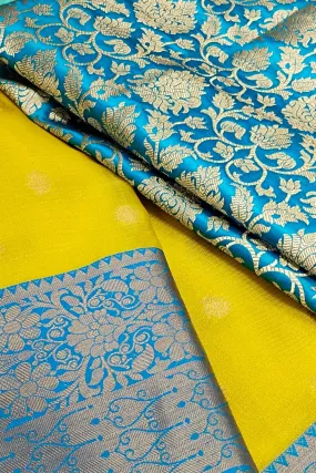 Blue With Yellow Pattu Pavadai Material