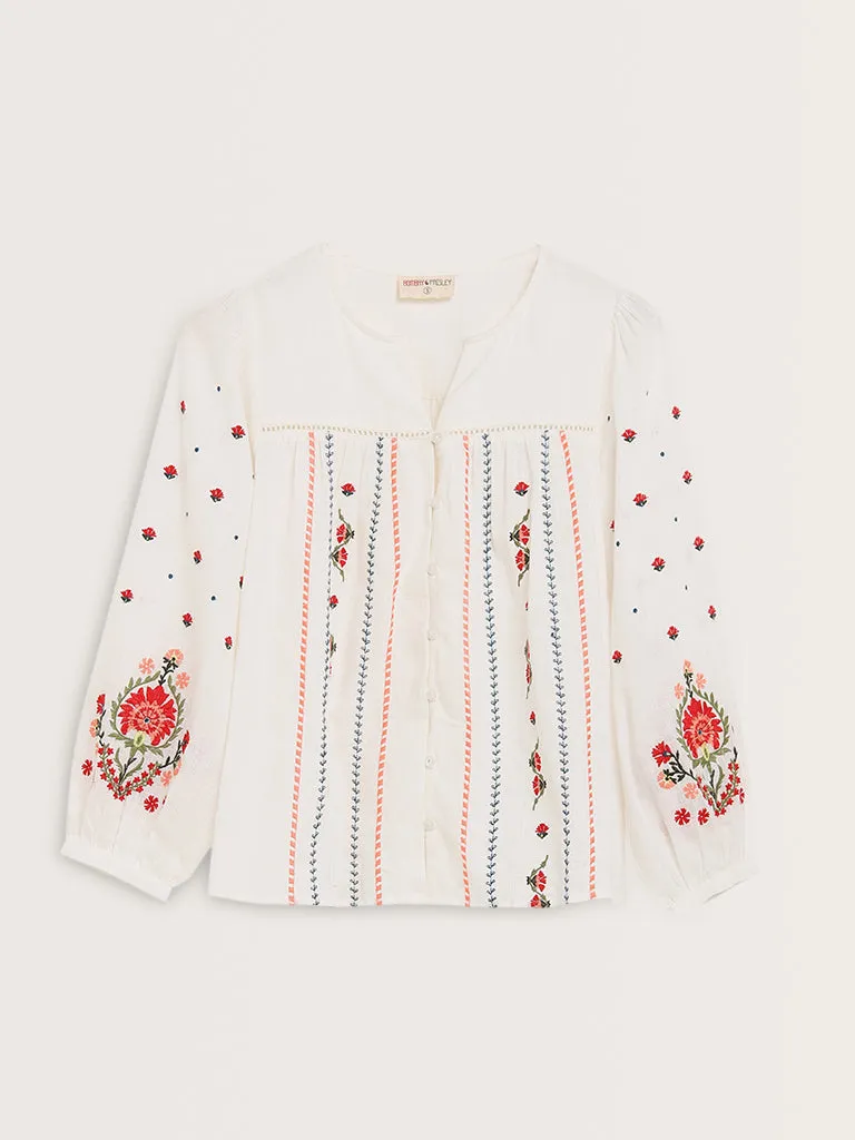 Bombay Paisley White Floral Embroidered Cotton Blouse