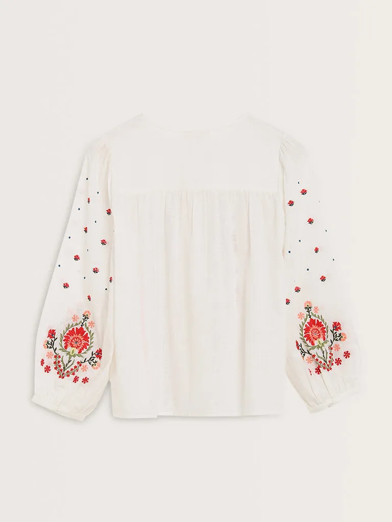 Bombay Paisley White Floral Embroidered Cotton Blouse