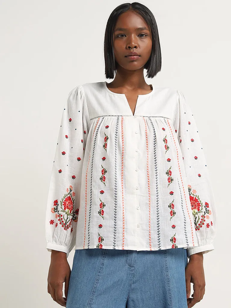 Bombay Paisley White Floral Embroidered Cotton Blouse