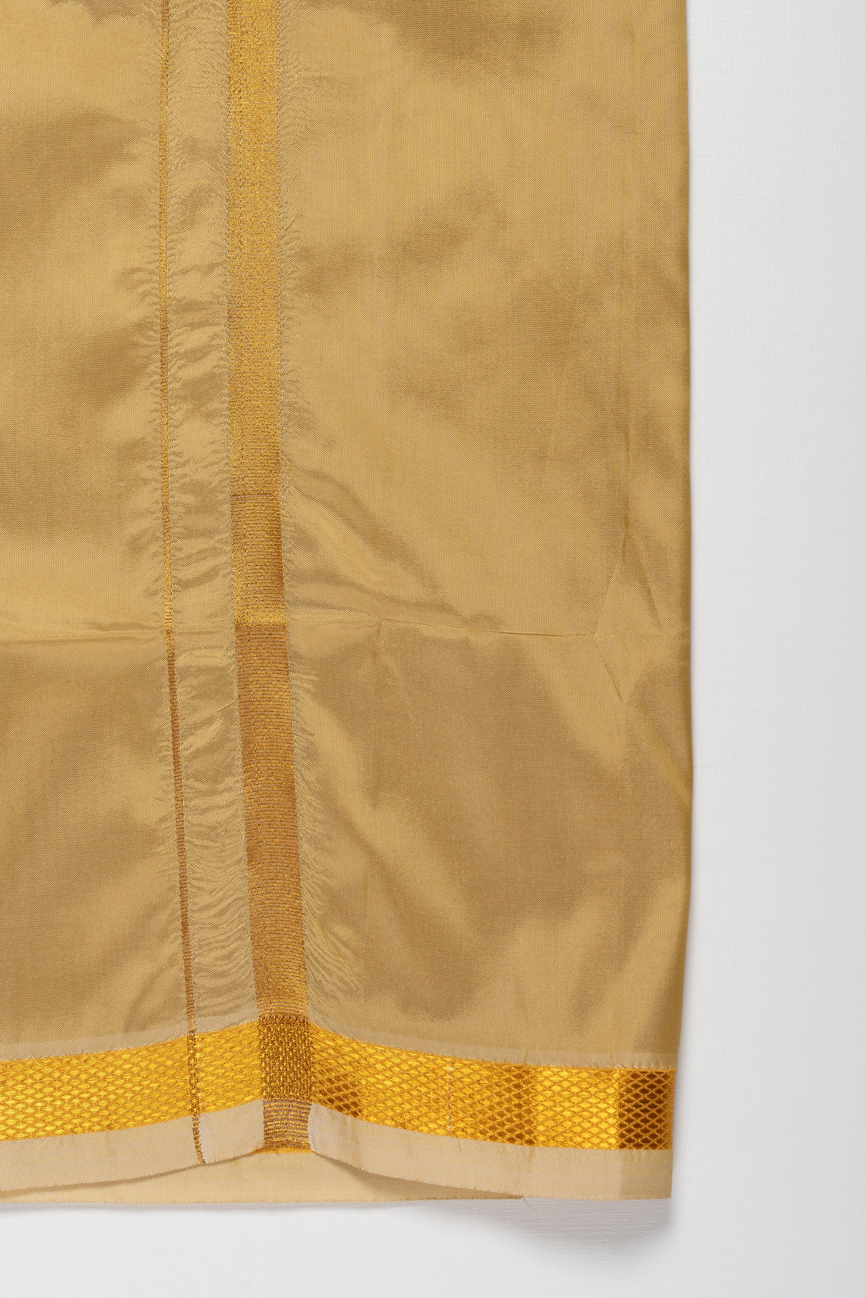 Boys Traditional Golden-Yellow Silk Dhoti with Elegant Stripes