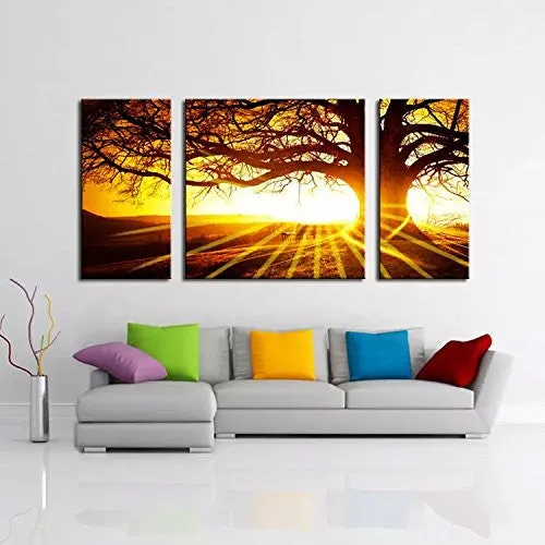 BPAGO Landscape Big Tree in Sunset Canvas Paintings Framed Modern Abstract Paintings Giclee Canvas Paintings Home Decorations Wall Art(12"x24"x2pcs 24"x24"x1pc)