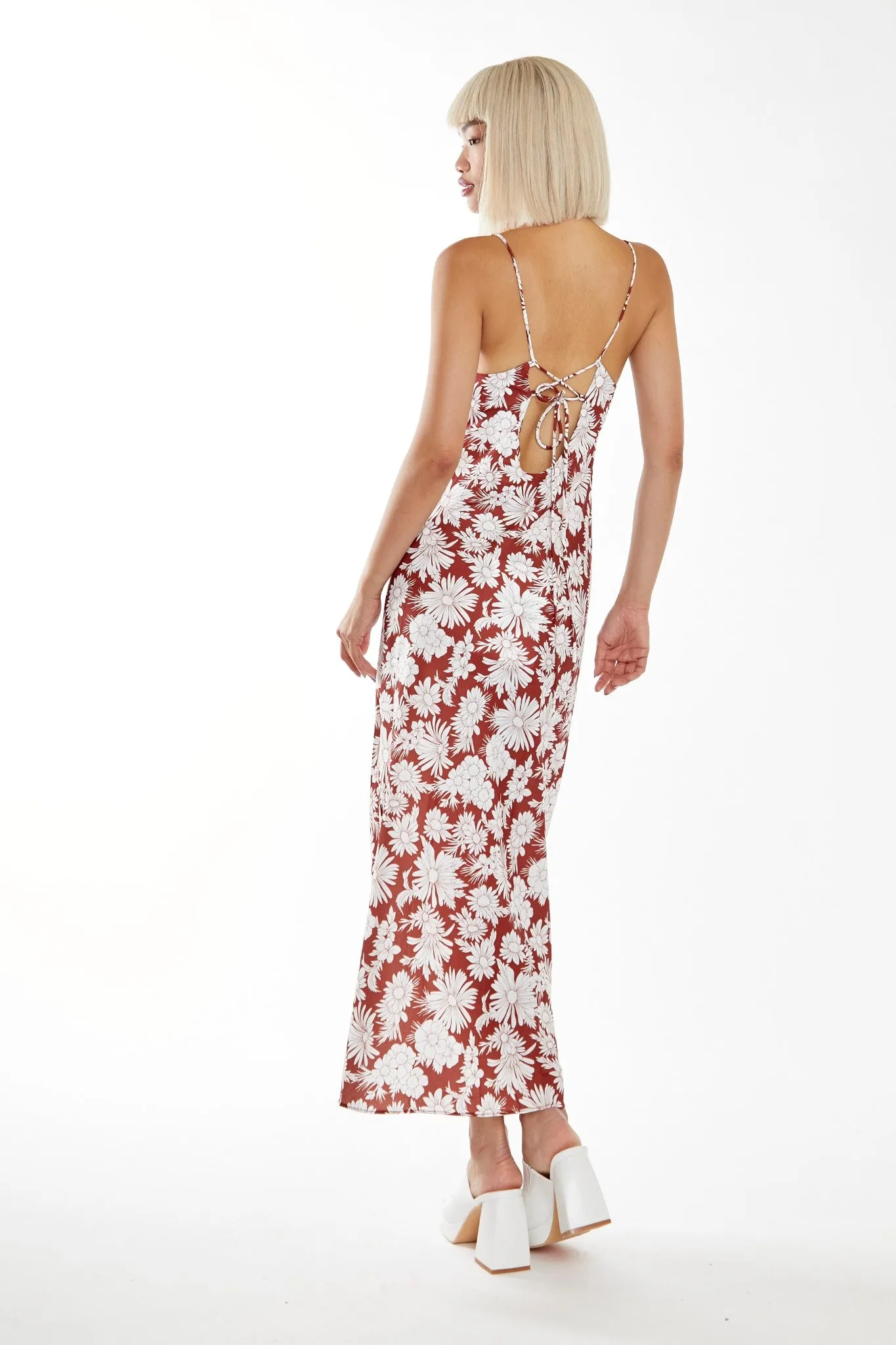 Brown Resort-Floral Cowl-Neck Strappy Midi-dress