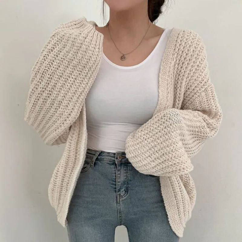 Casual Loose Comfy Chunky Open Knit Lantern Cardigan Sweater Knitwear