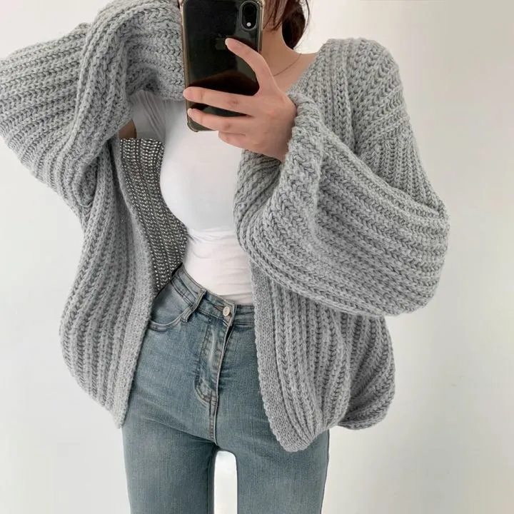 Casual Loose Comfy Chunky Open Knit Lantern Cardigan Sweater Knitwear