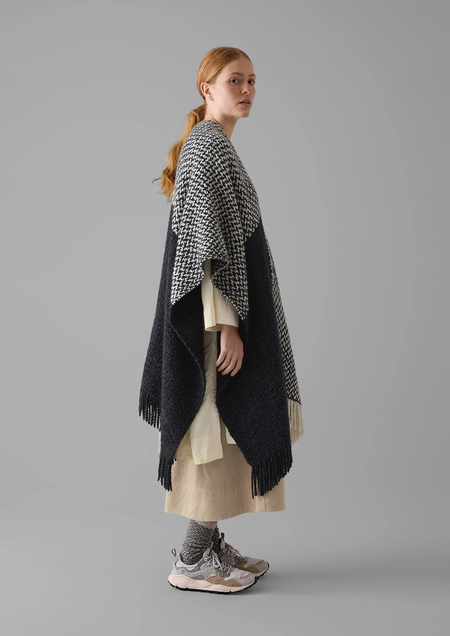 Check Merino Blend Wrap Scarf | Slate/Ecru