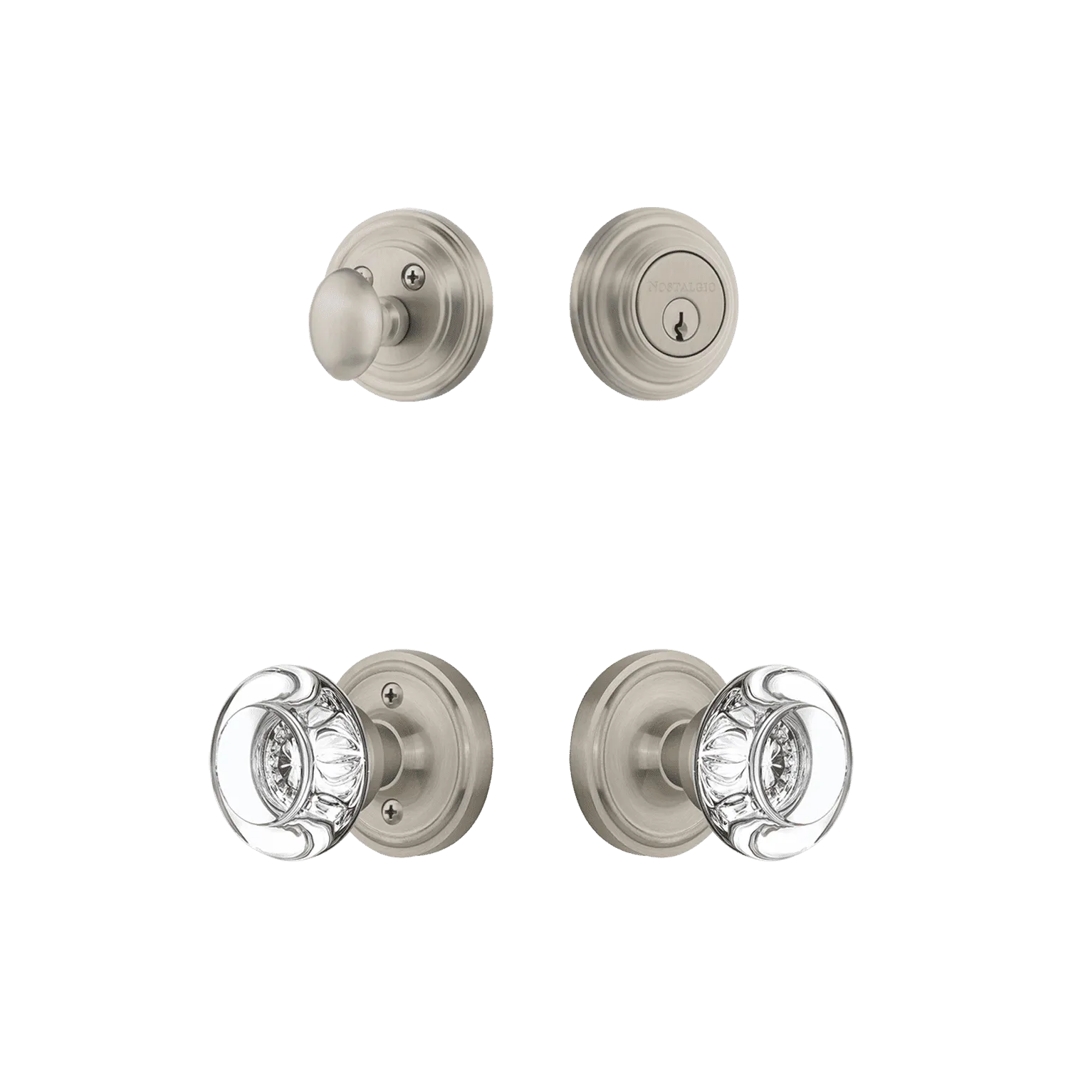 Classic Rosette Entry Set with Round Clear Crystal Knob in Satin Nickel