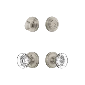 Classic Rosette Entry Set with Round Clear Crystal Knob in Satin Nickel