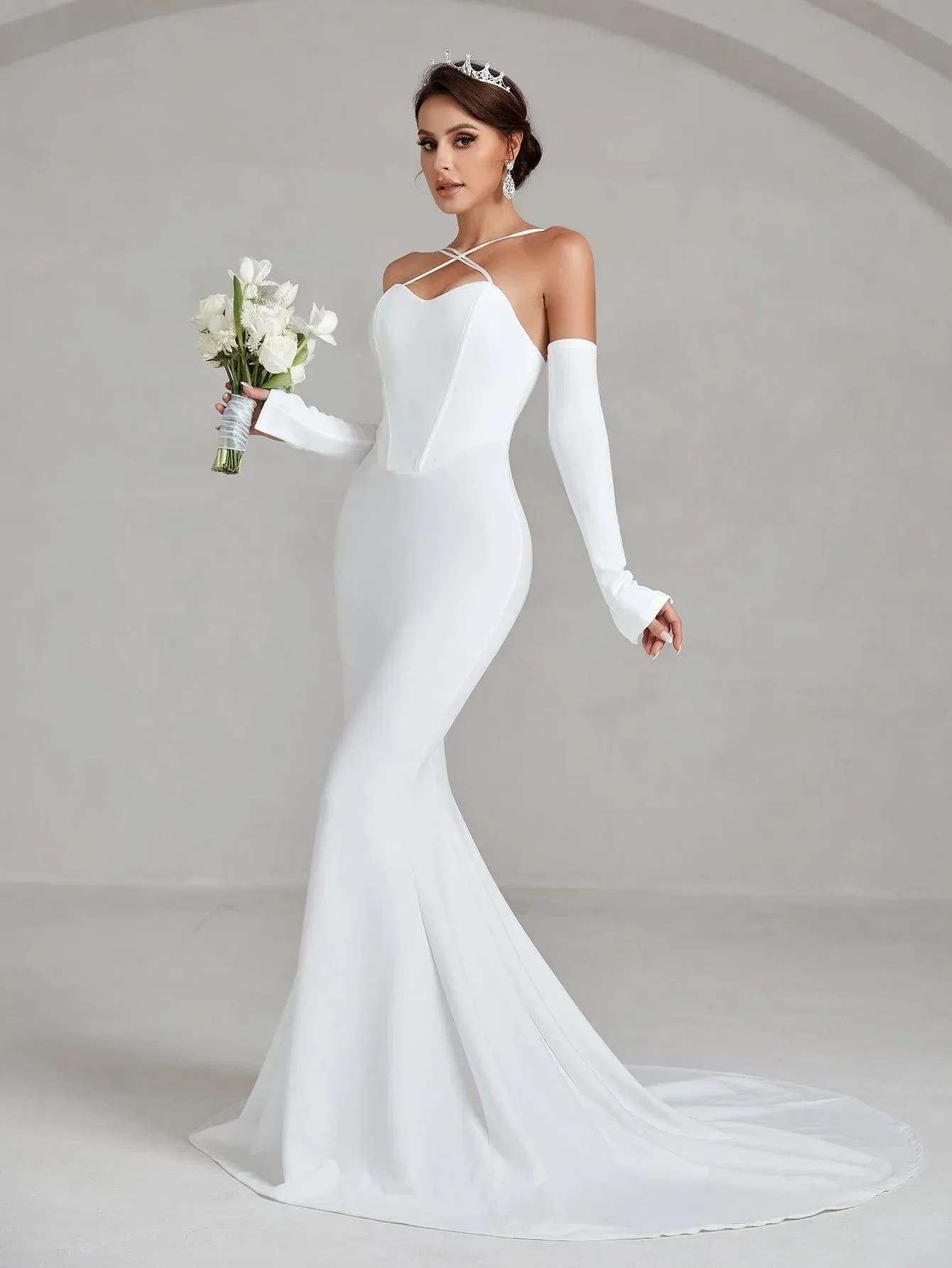 Crisscross Halter Neck Mermaid Hem Wedding Dress