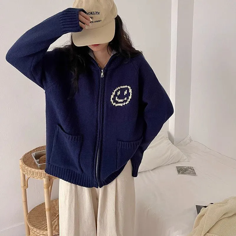 Cute Designer Smiley Face Zip Up Cardigan Sweater