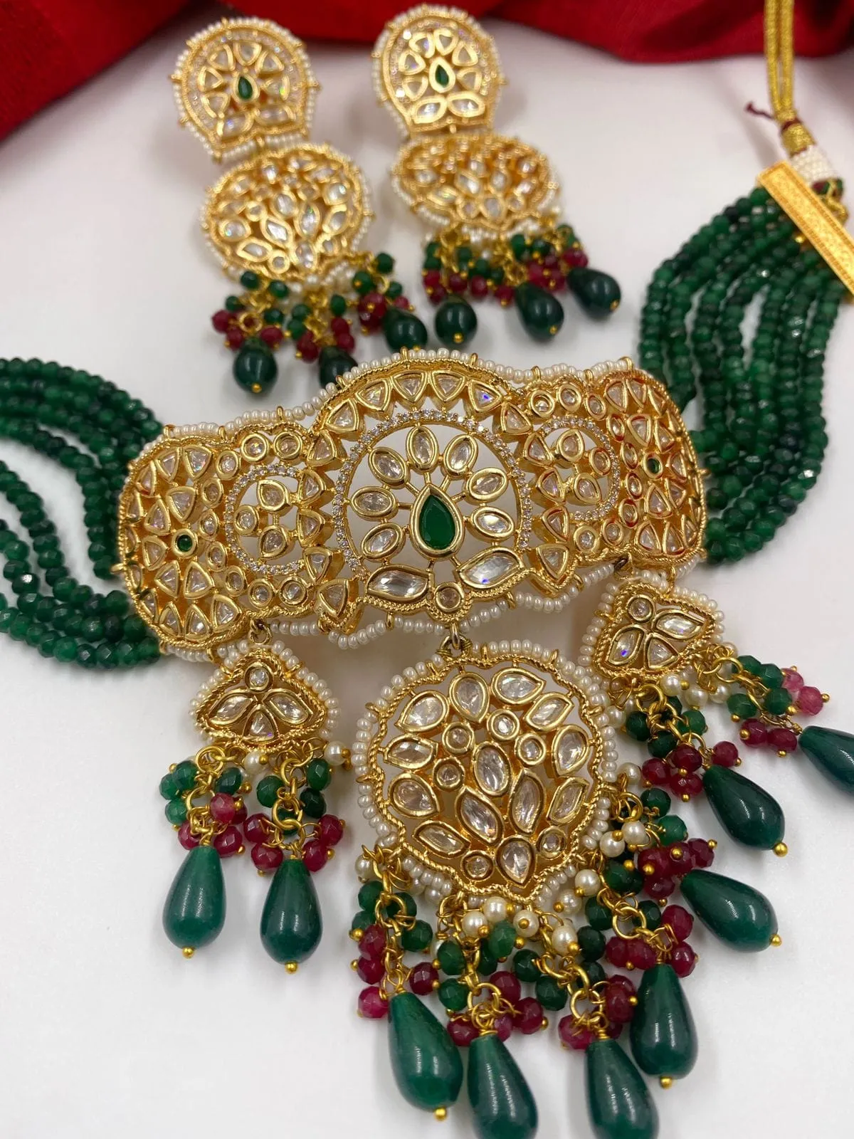 Designer Handcrafted Heavy Kundan Green Choker Necklace Set For Weddings By Gehna Shop