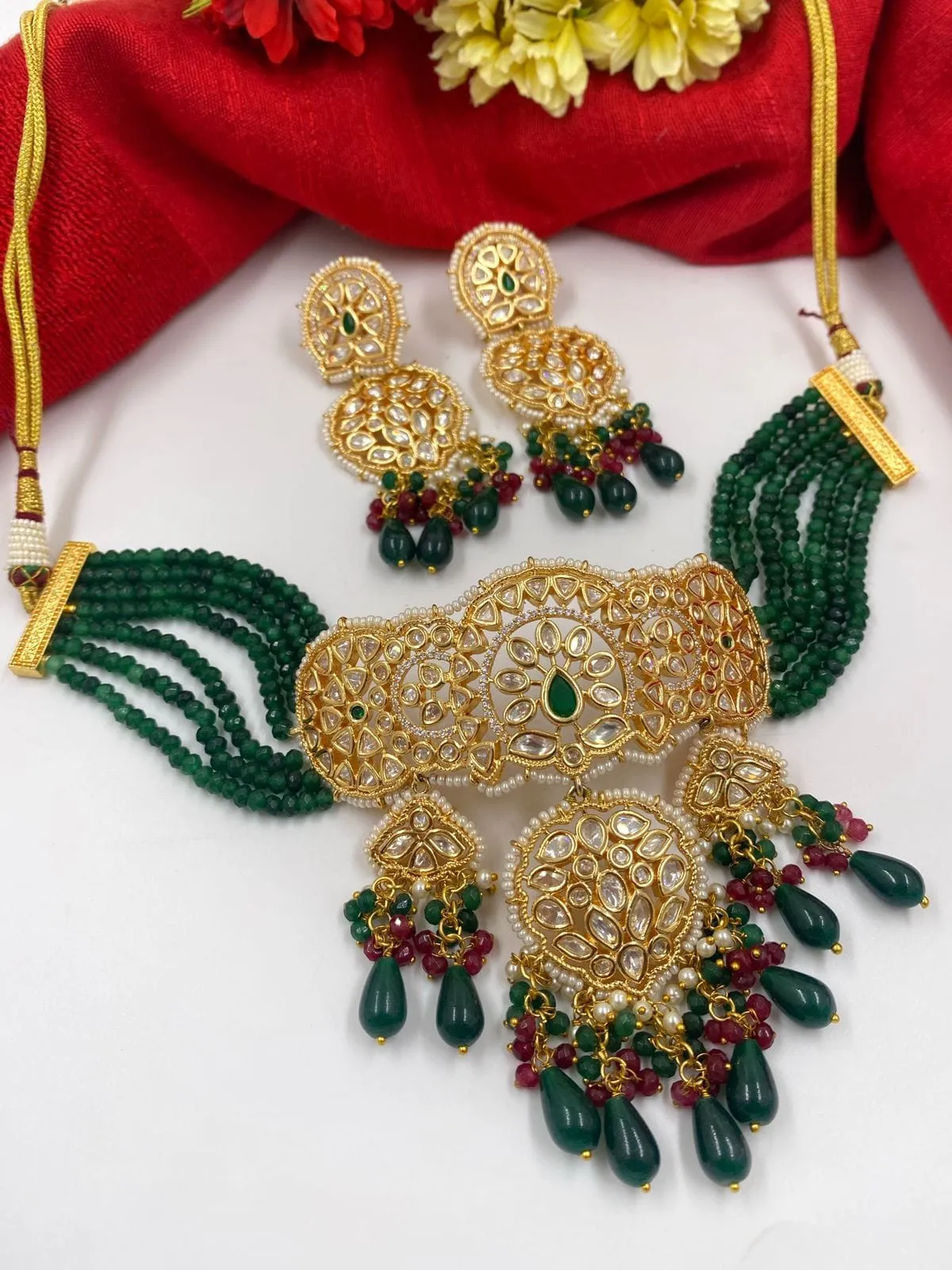 Designer Handcrafted Heavy Kundan Green Choker Necklace Set For Weddings By Gehna Shop