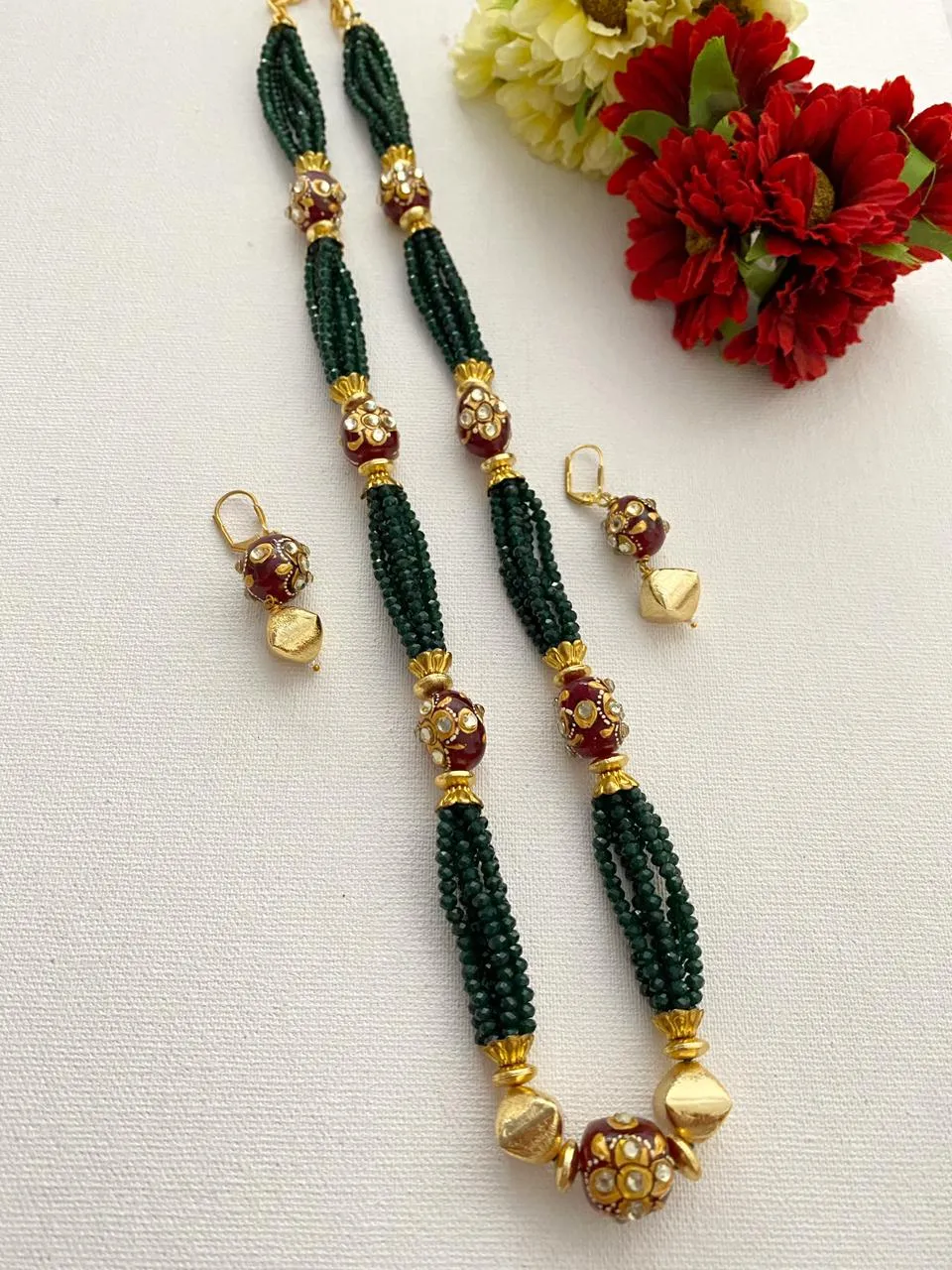 Designer Handcrafted Long Green Crystal Beaded Necklace Set By Gehna Shop