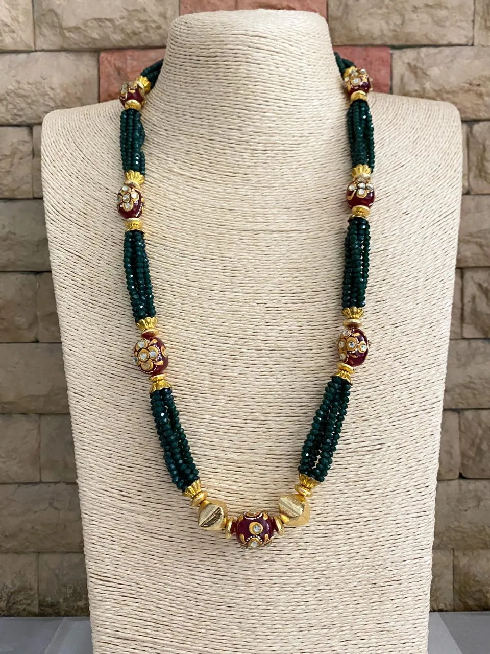 Designer Handcrafted Long Green Crystal Beaded Necklace Set By Gehna Shop