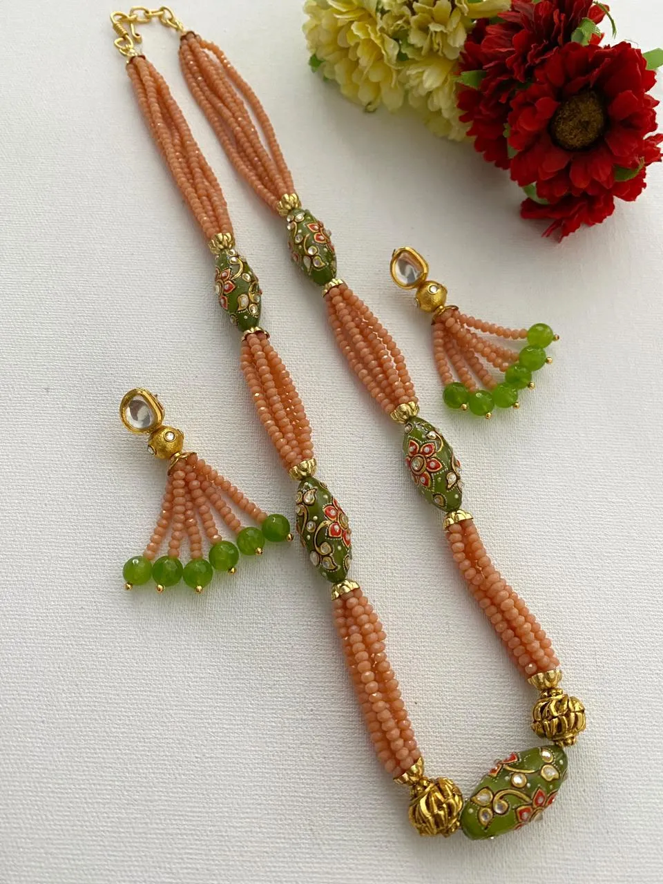 Designer Handcrafted Long Peach Color Crystal Beaded Necklace Set By Gehna Shop