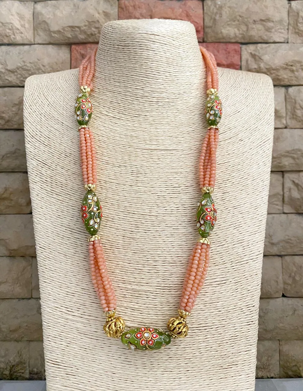 Designer Handcrafted Long Peach Color Crystal Beaded Necklace Set By Gehna Shop