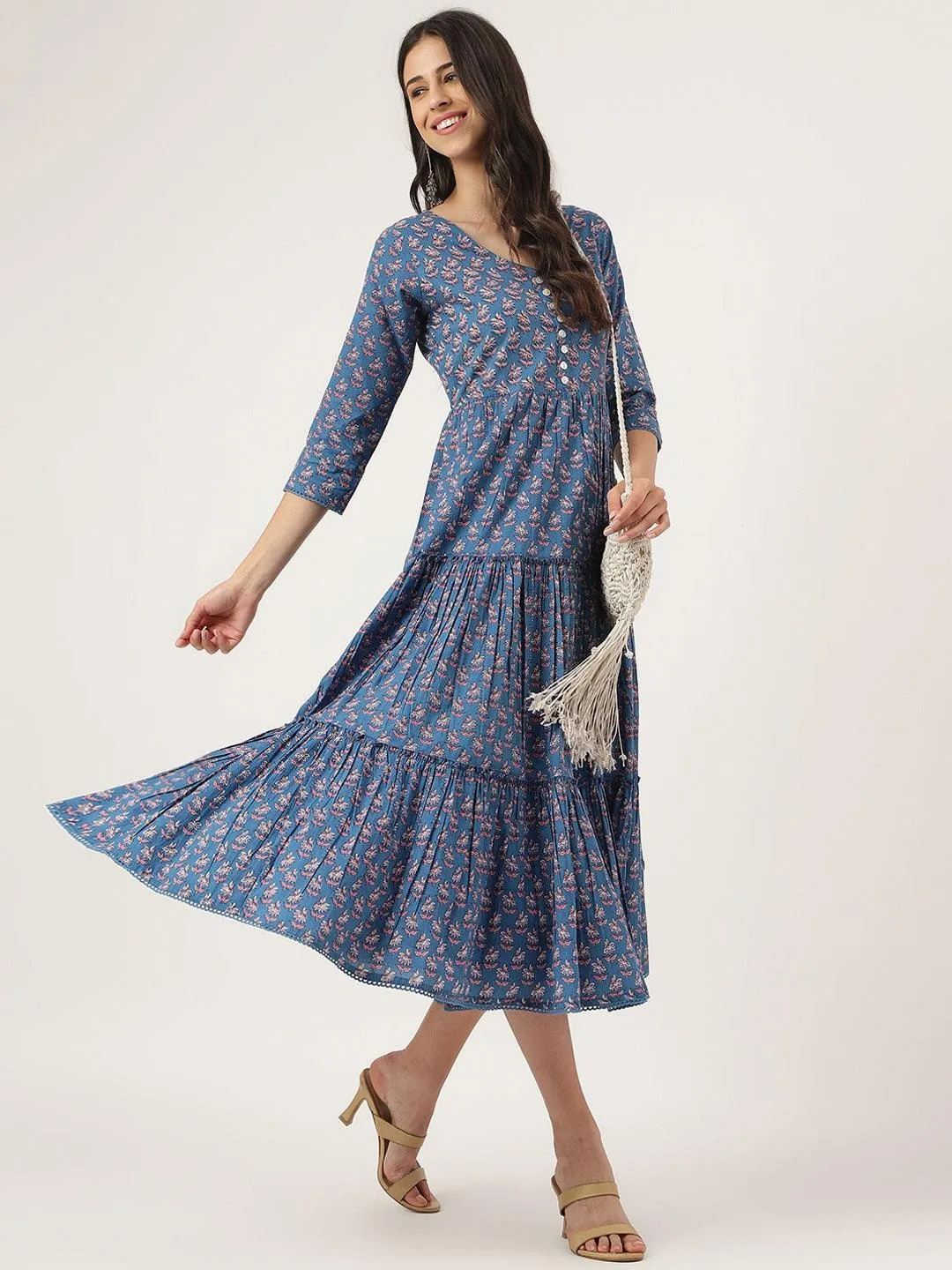 Divena Blue Floral Printed Long dress