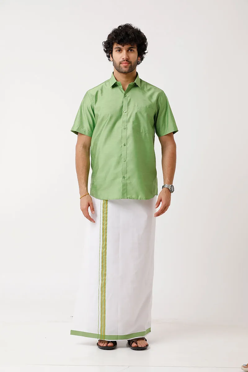 Divine - Lime Green Cotton Blend Single Dhoti With Fancy Borders For Men | Uathayam