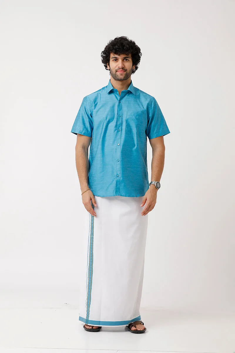 Divine - Sky Blue Cotton Blend Single Dhoti With Fancy Borders For Men | Uathayam