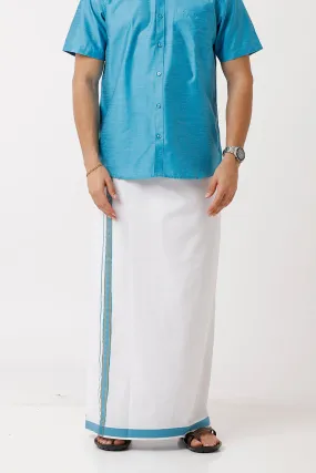 Divine - Sky Blue Cotton Blend Single Dhoti With Fancy Borders For Men | Uathayam